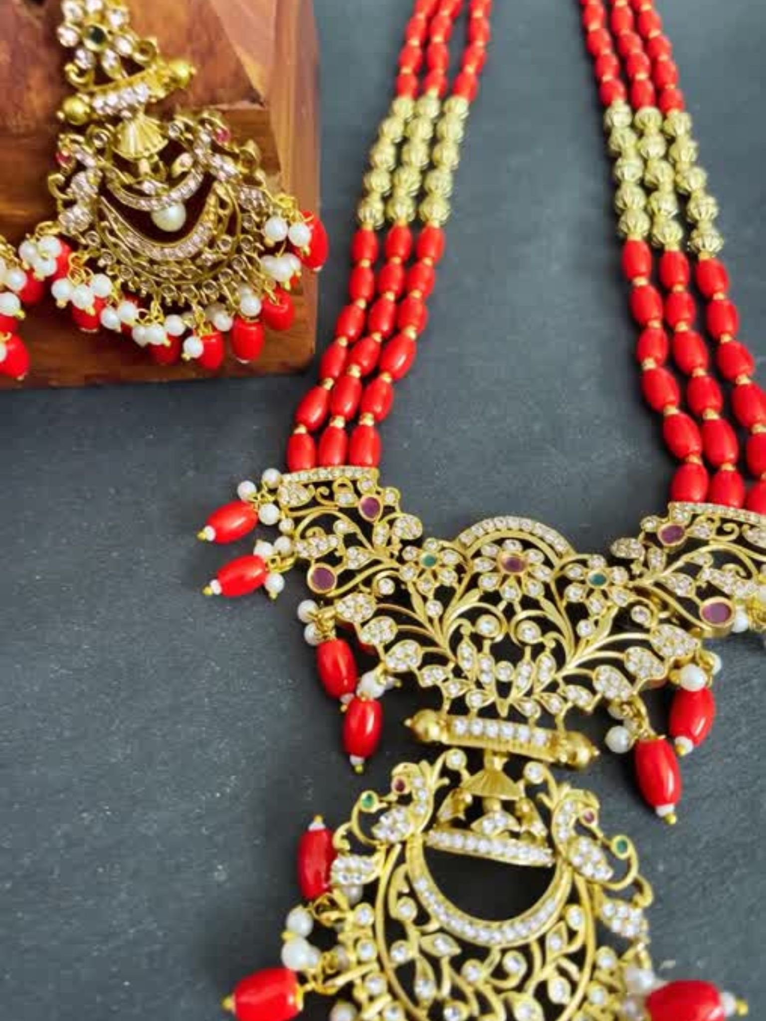 Traditional Orange Beaded Temple Necklace
