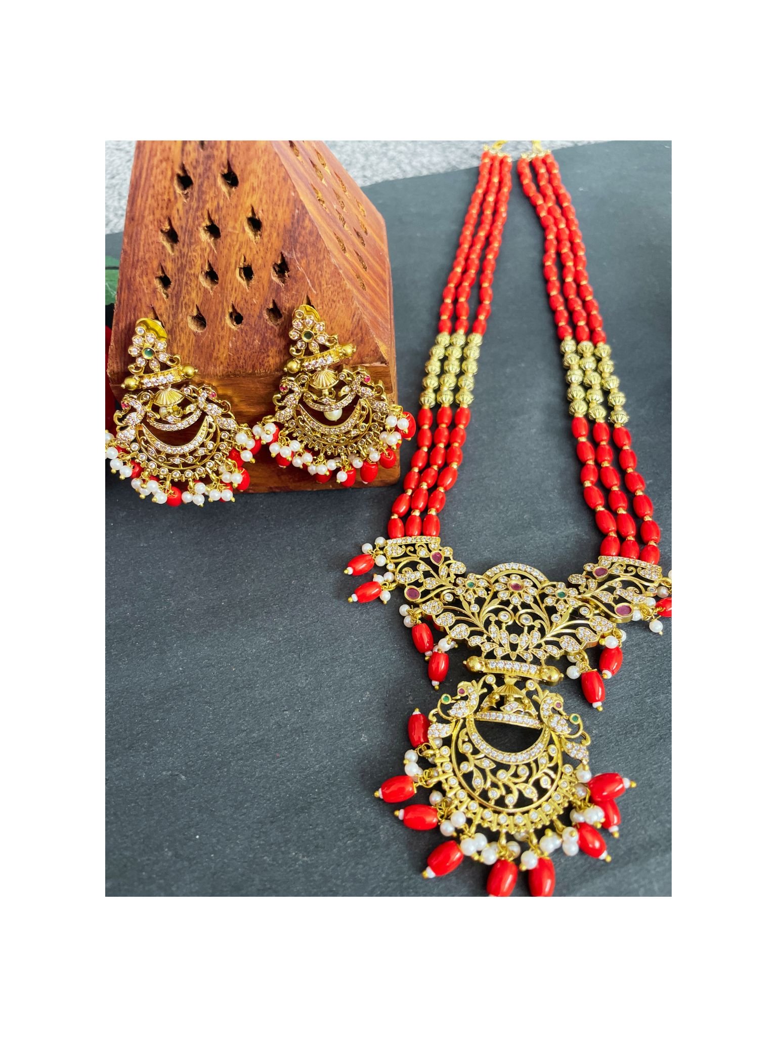 Traditional Orange Beaded Temple Necklace